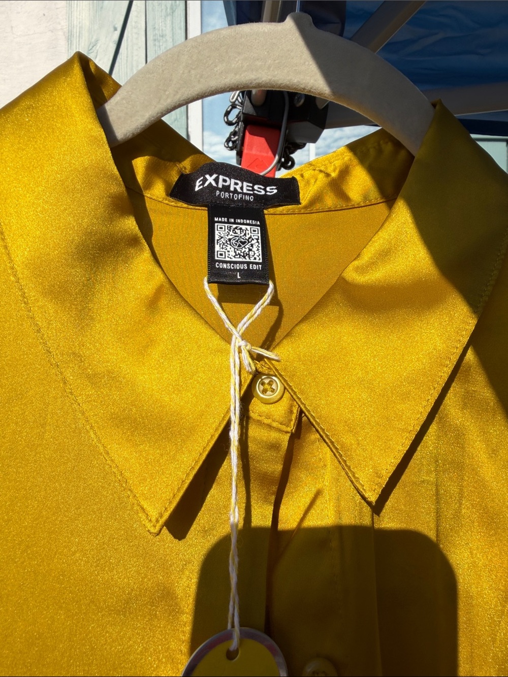 Express Portofino Satin Button-Up Shirt in Mustard